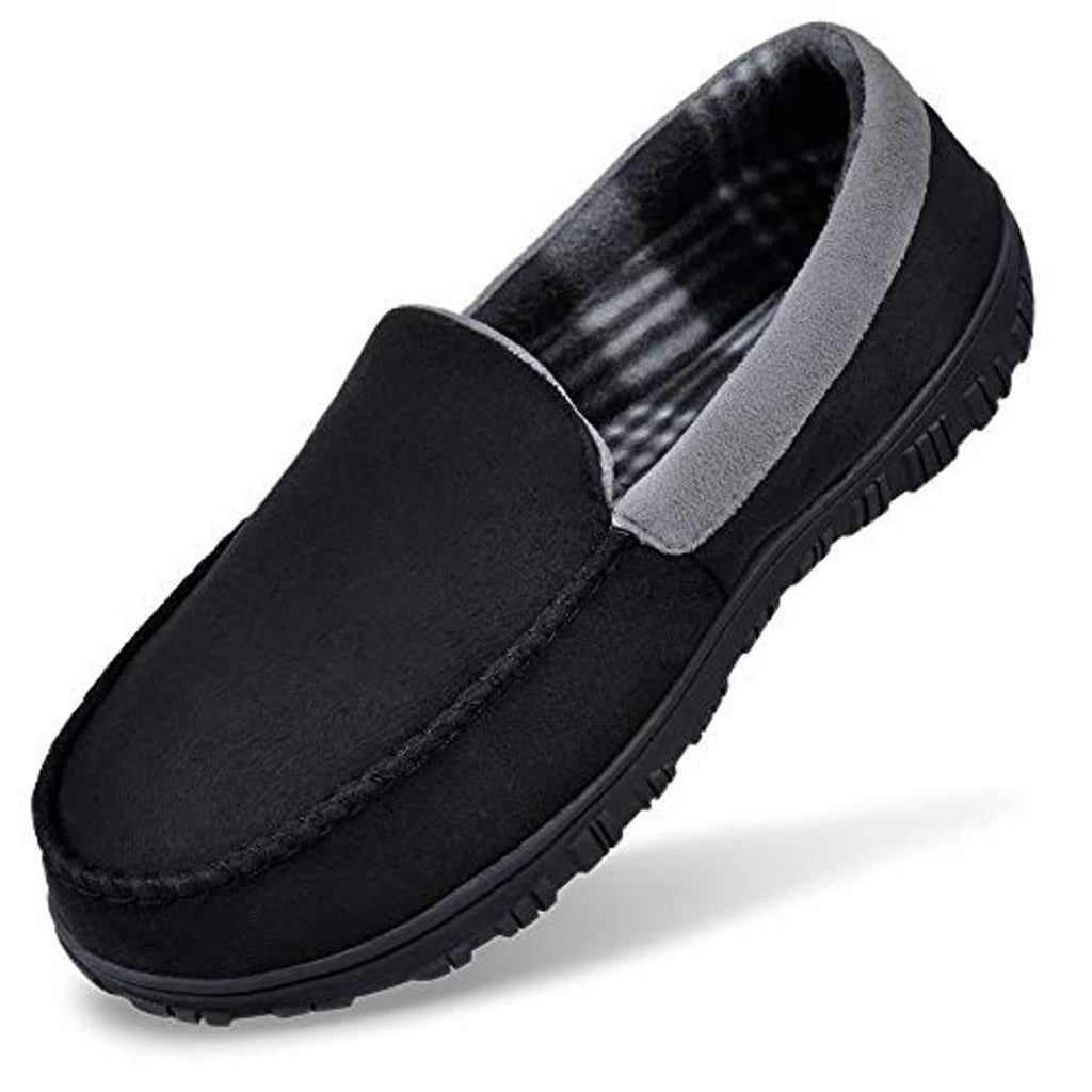 Men’s black slip-on moccasin slippers with gray trim and textured sole
