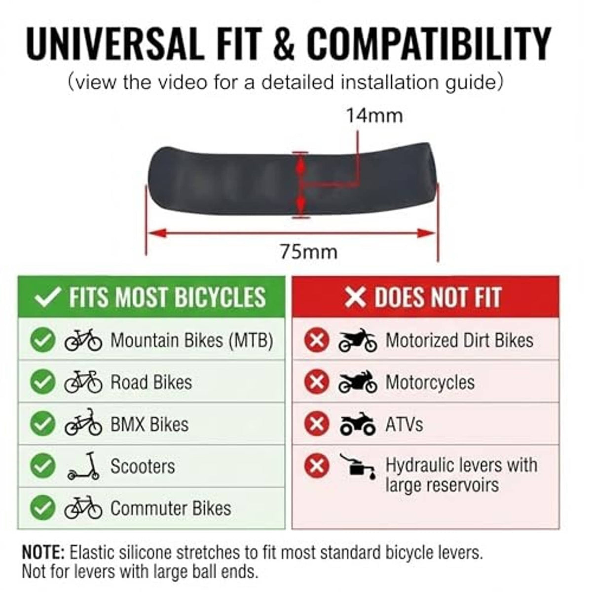 Universal-fit black silicone brake lever sleeve, 75mm x 14mm size shown.