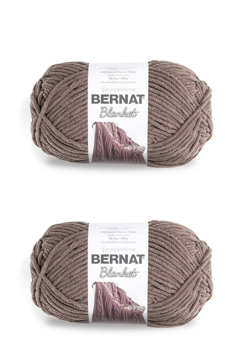 2-pack super bulky chenille blanket yarn balls in taupe with brand labels
