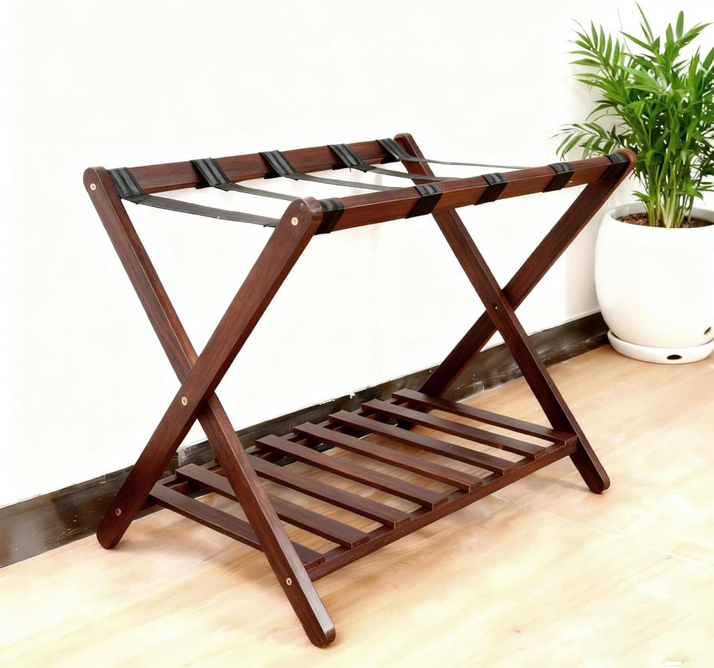 Wood luggage holder stand with slatted tiers and dark strap handles for folding