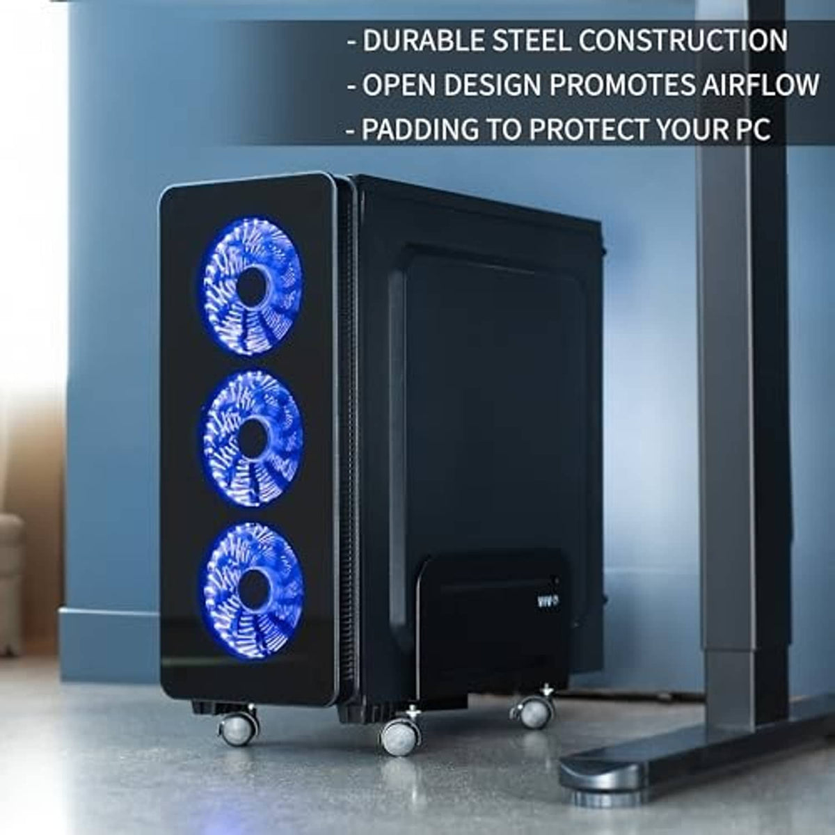 Black PC mid-tower case on steel rolling stand with open back for airflow