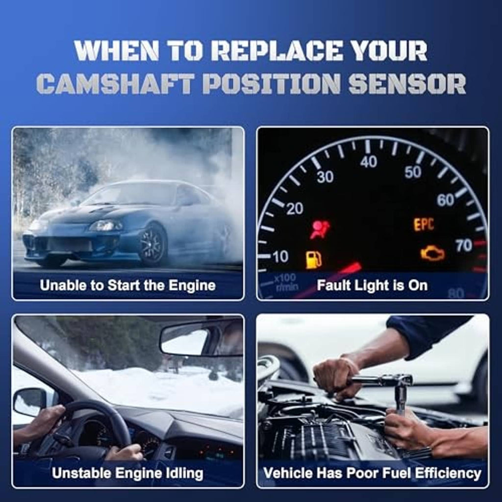 Engine camshaft position sensor with black body, green seal ring, and 3-pin connector