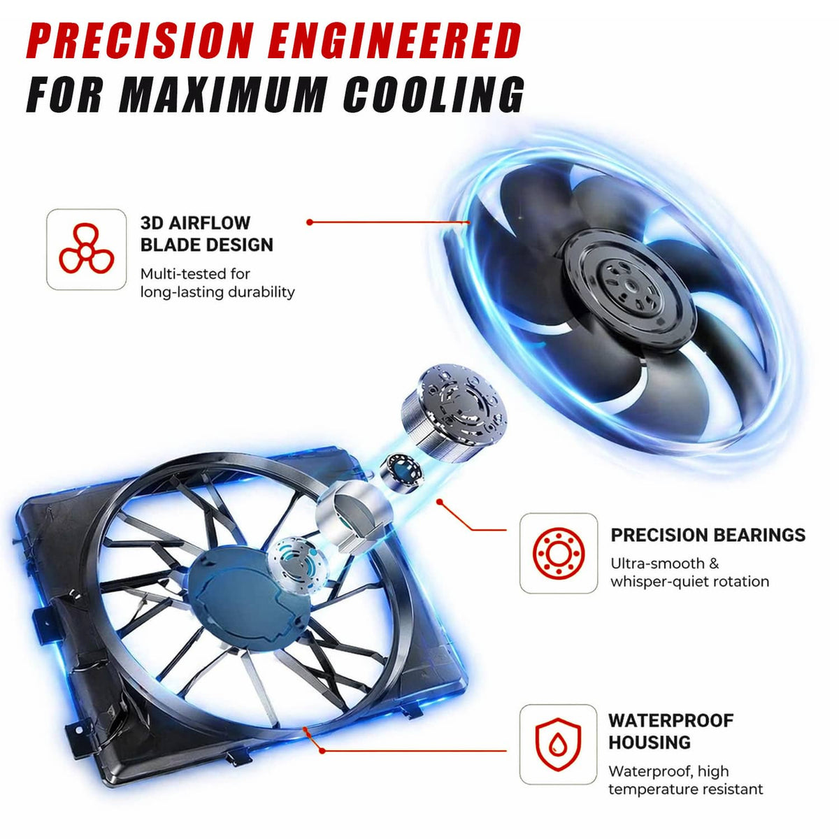 Radiator cooling fan assembly with ventilator motor and curved blade fan