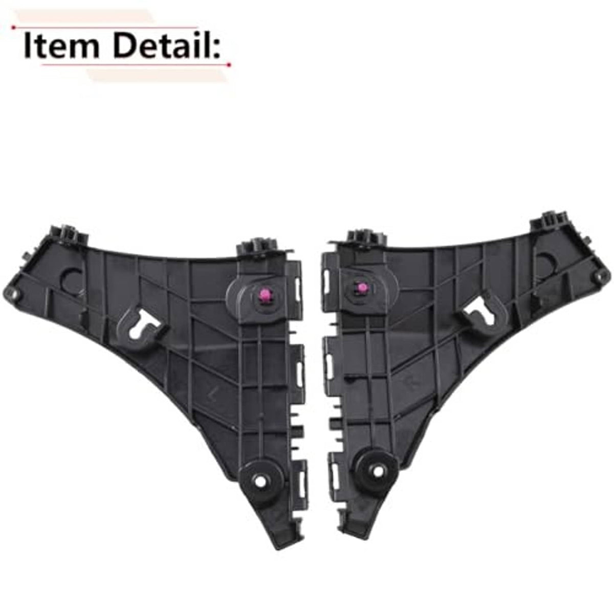 Front bumper bracket pair, black plastic with tab mounts and pink center retainers
