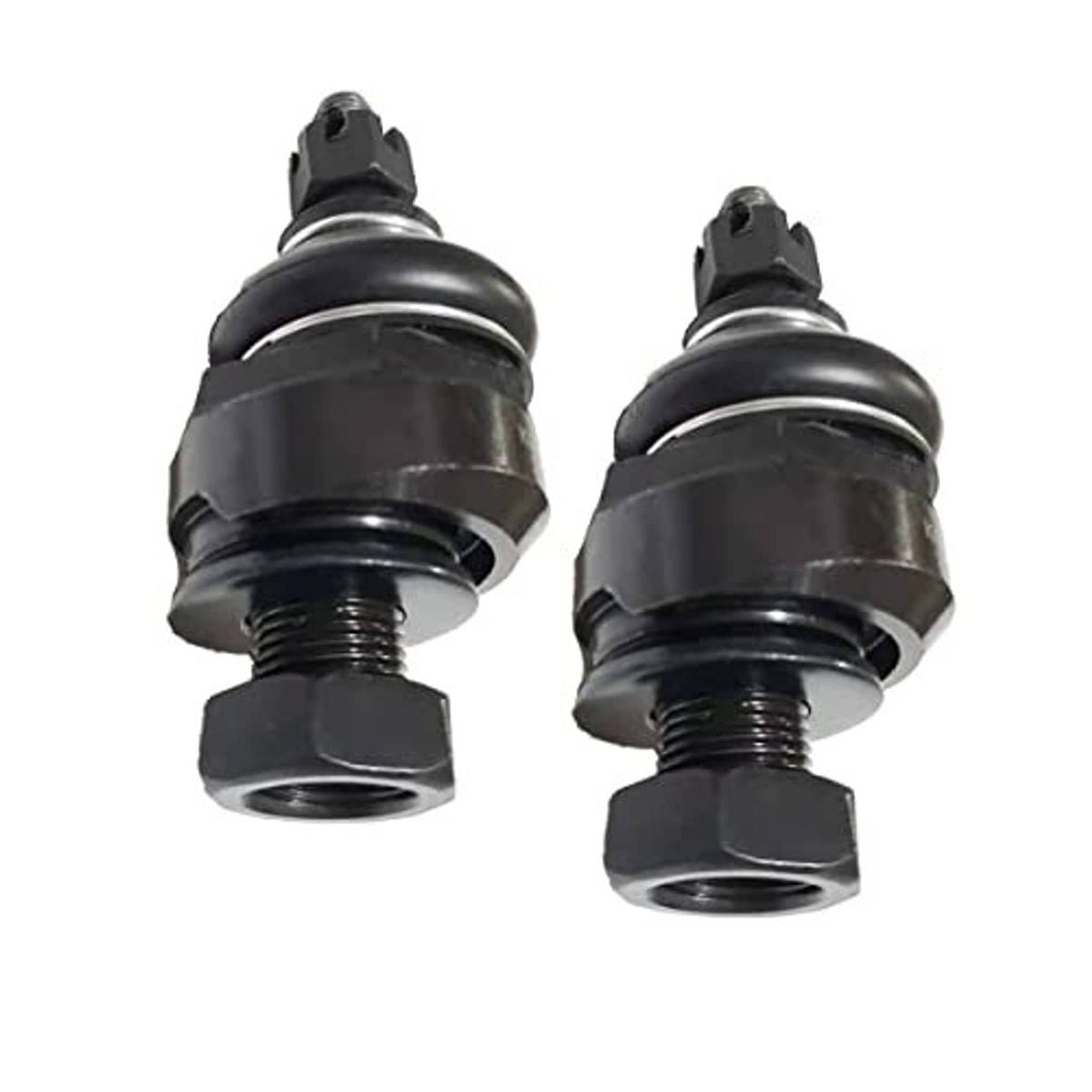 Front upper ball joint pair with black rubber boots and threaded mounting studs