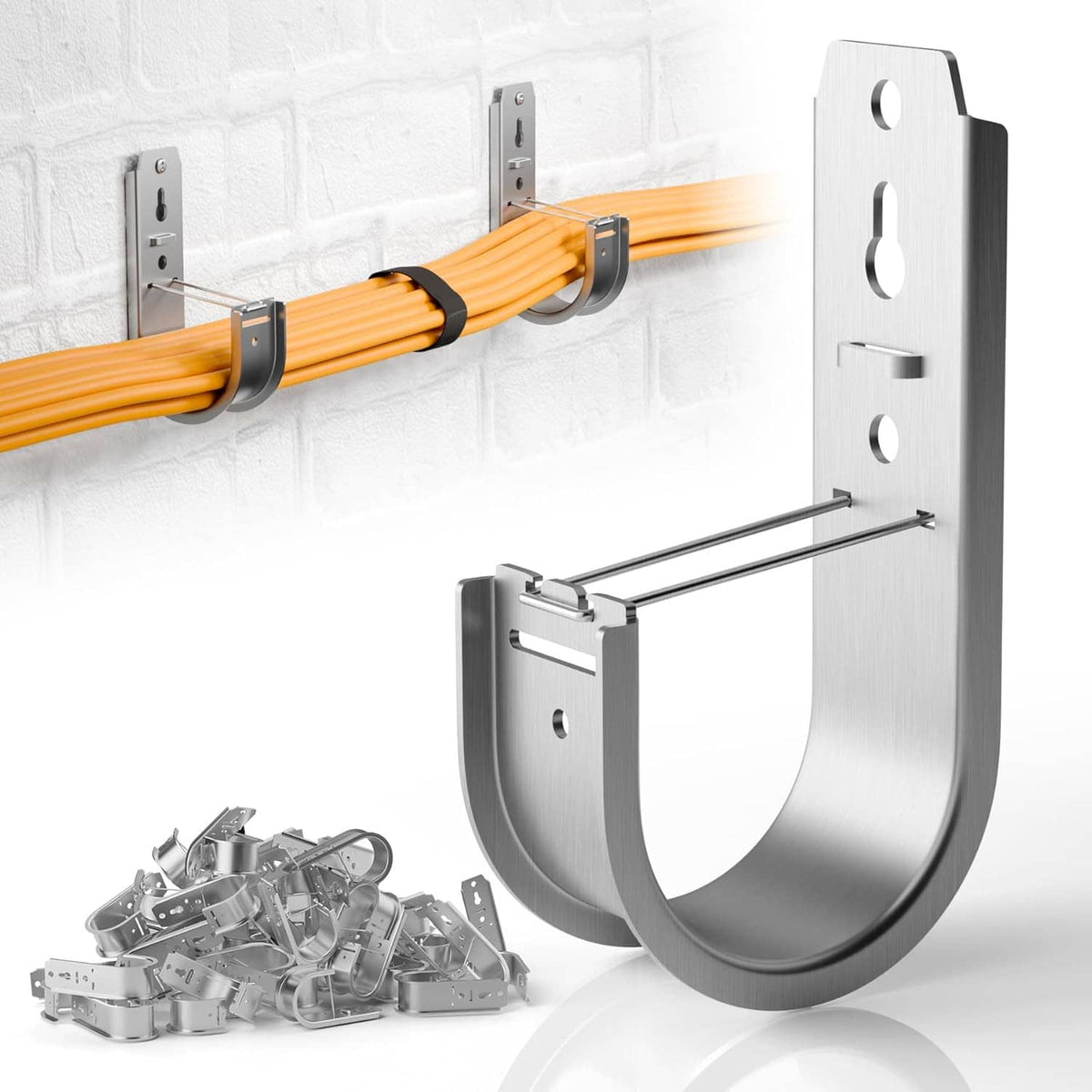 Galvanized steel wall-mount J hook with retainer clip, shown with cable and mounting base