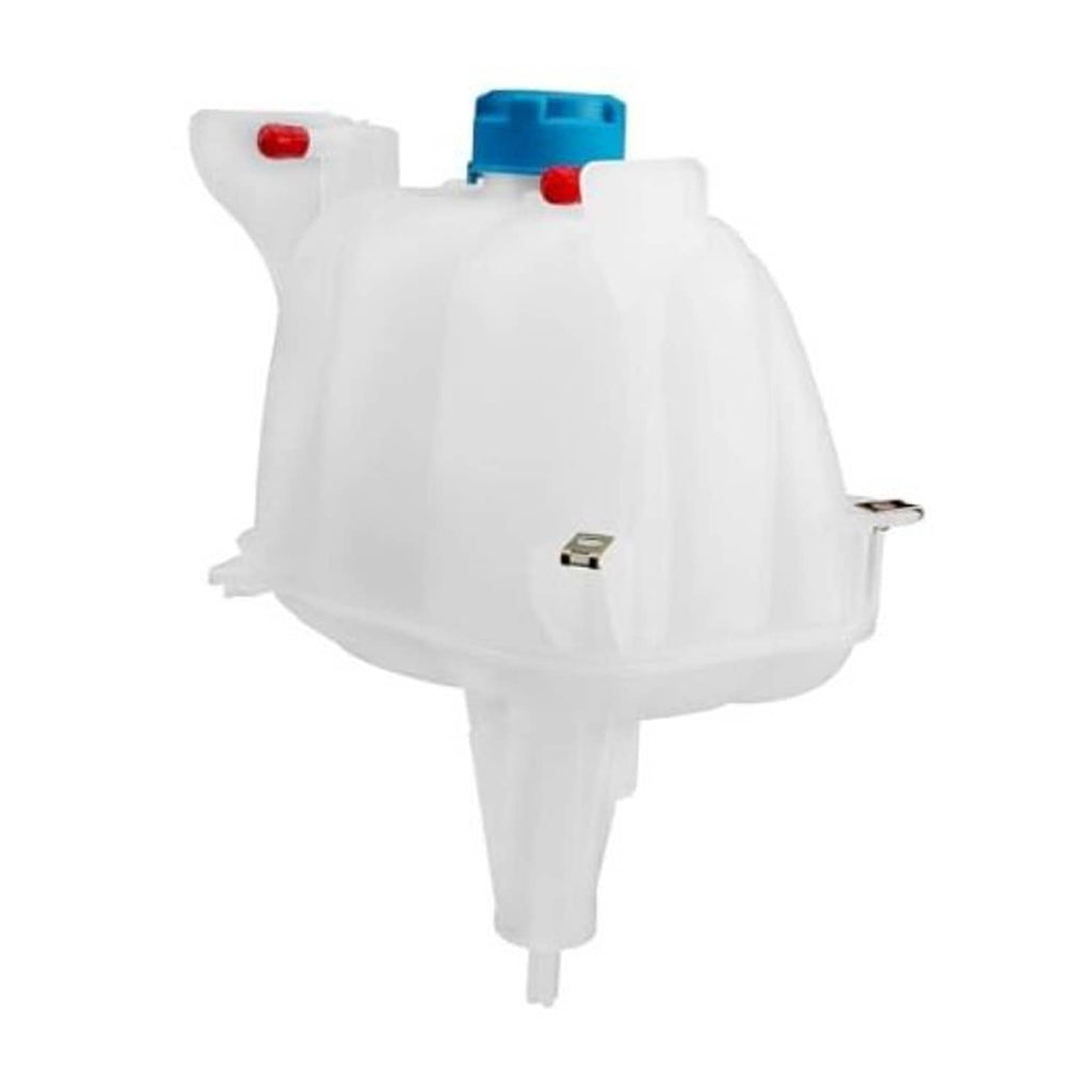 White pressurized coolant reservoir tank with blue cap and red vent plugs