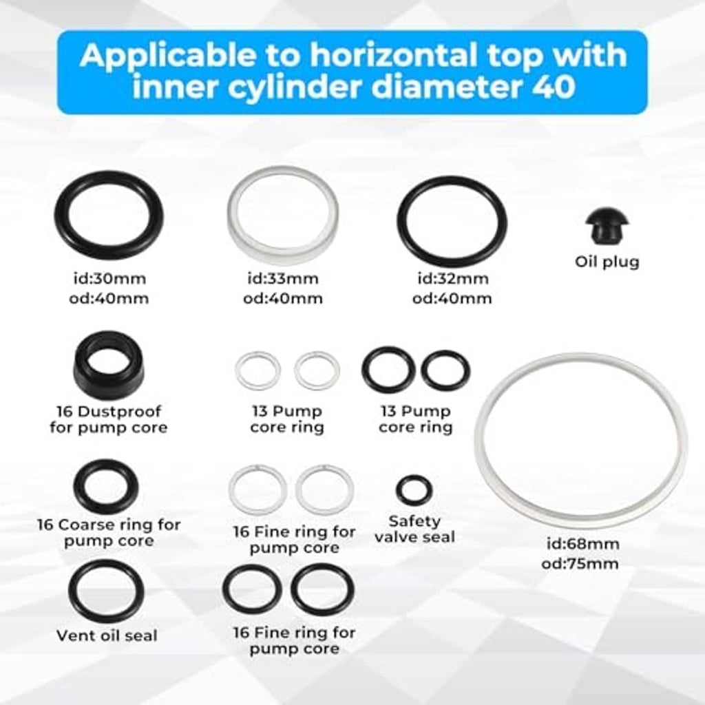 Hydraulic jack seal kit with multiple O-rings, pump rings, and a large circular valve seal