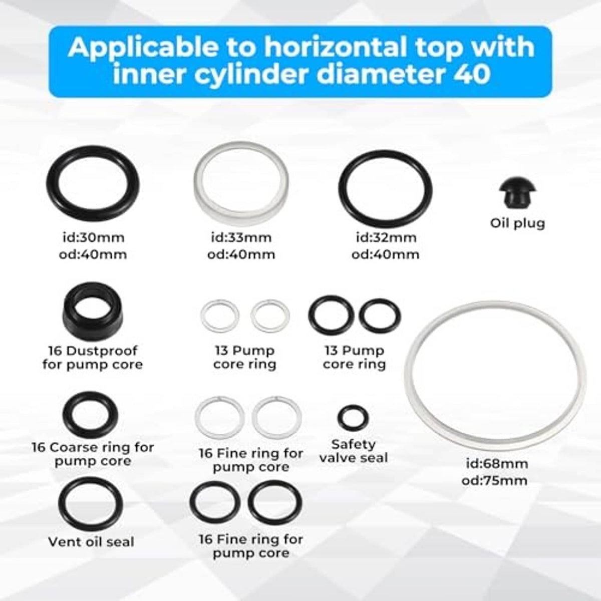 Hydraulic jack seal kit with multiple O-rings, pump rings, and a large circular valve seal
