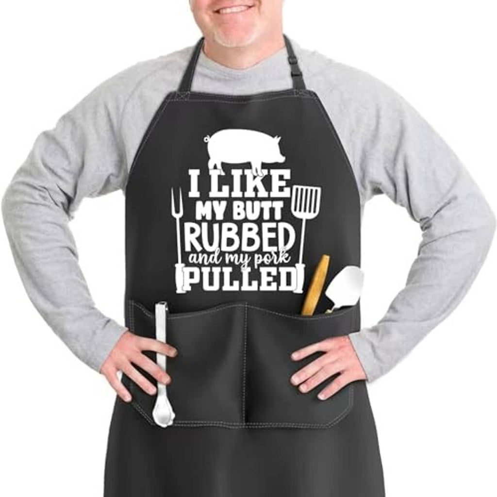 Black apron with white front graphic print, front pouch and two side pockets