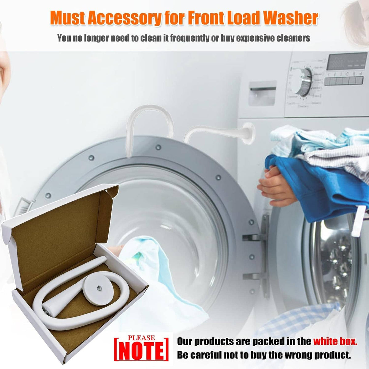 Washer door prop and stopper set, white/gray pieces shown with front-load washer door open