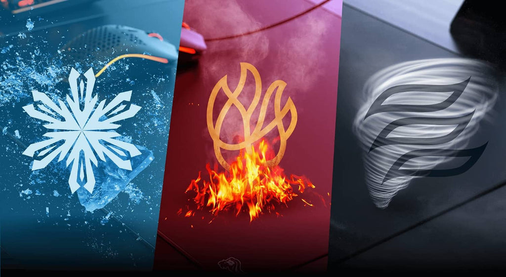 Three gaming mouse pads with icy, flame, and winged graphic designs