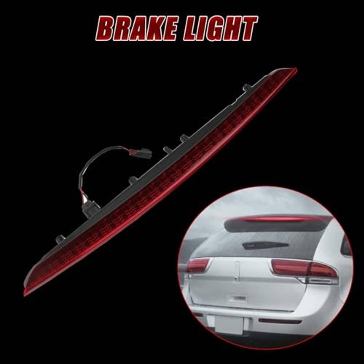 Red third brake light with mounting clips and wiring harness, installed inset