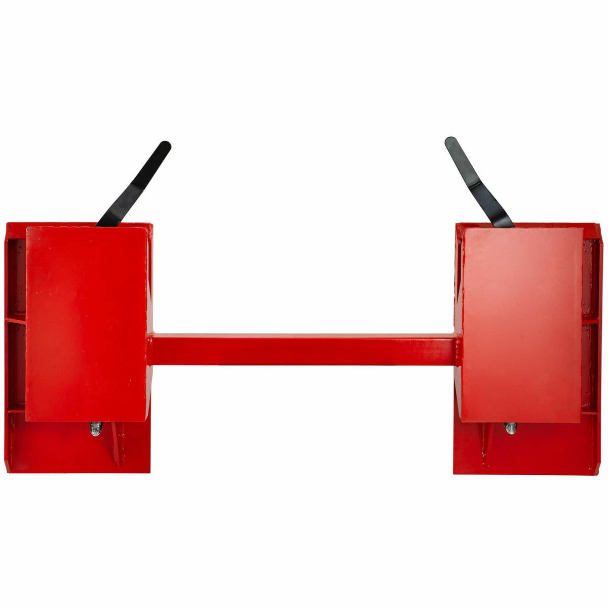 Red skid steer quick attach adapter plate with two side mounting brackets and central bar