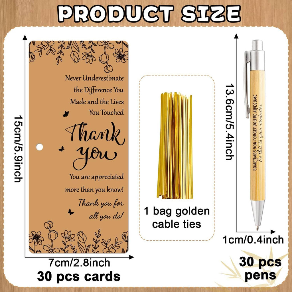 Product size diagram: brown “Thank You” cards, 30 pens, golden cable ties