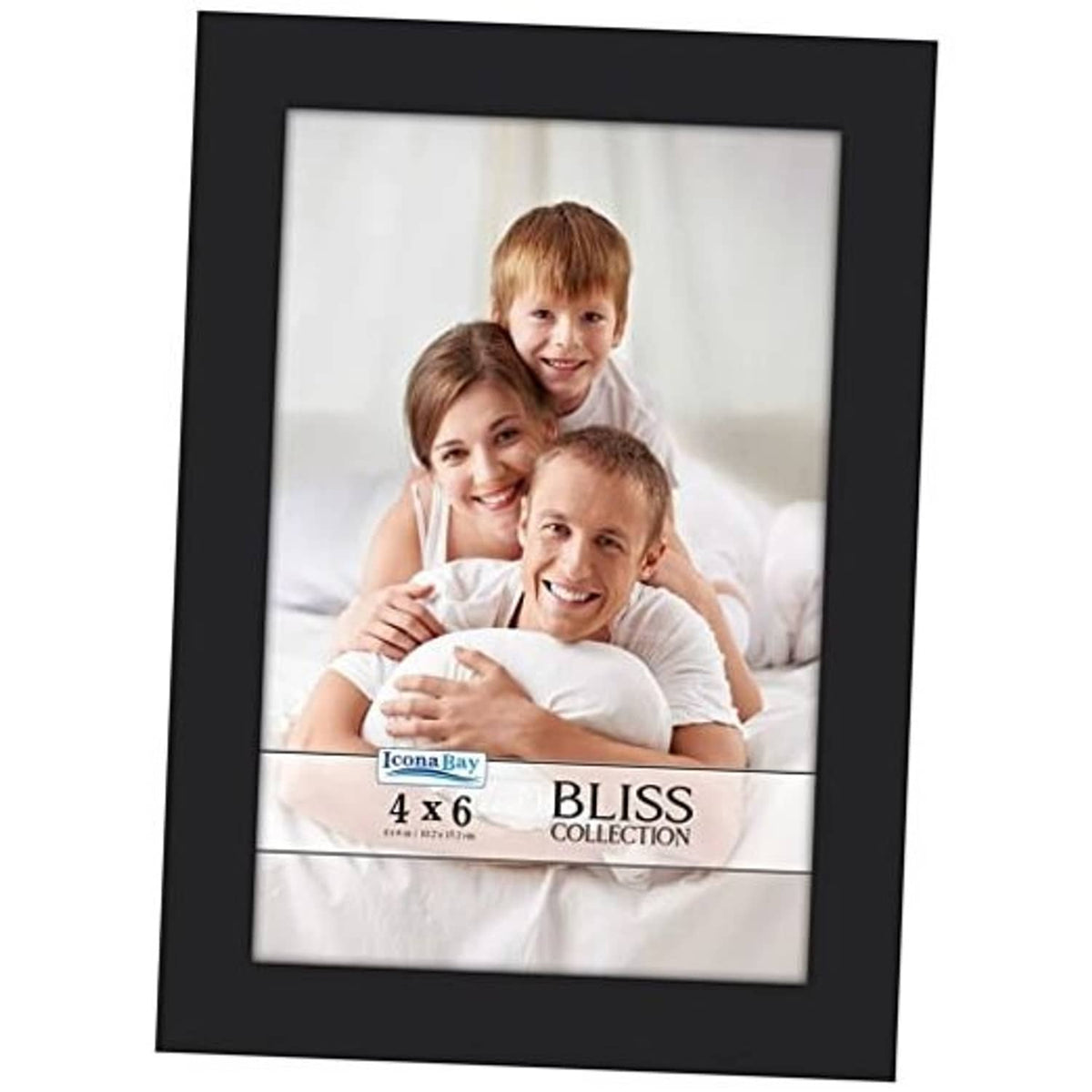 Black 4x6 photo frame with modern border and clear front, tabletop display