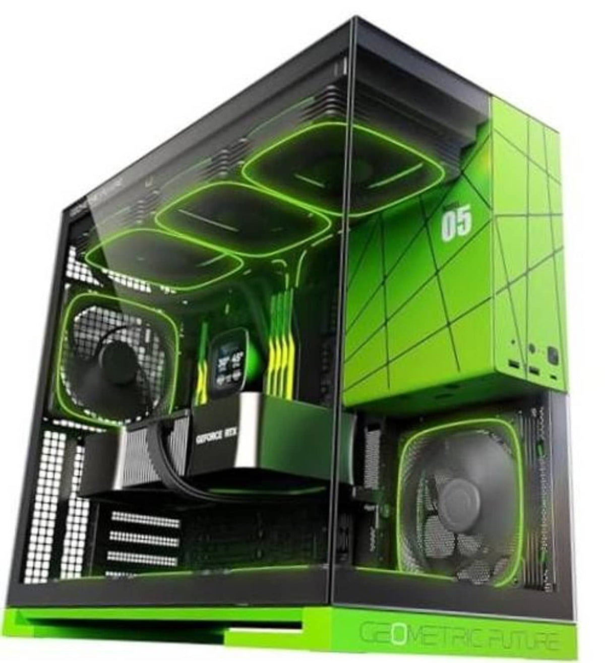 Black PC case with tempered glass side and green LED cooling fans