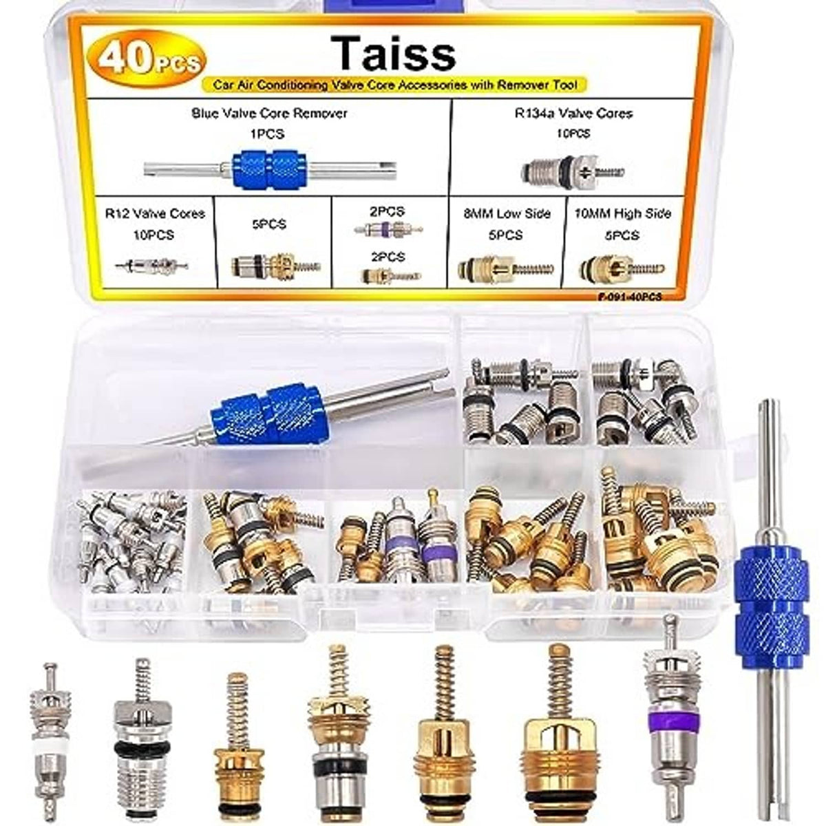 A/C valve core remover tool with assorted valve cores in a plastic case