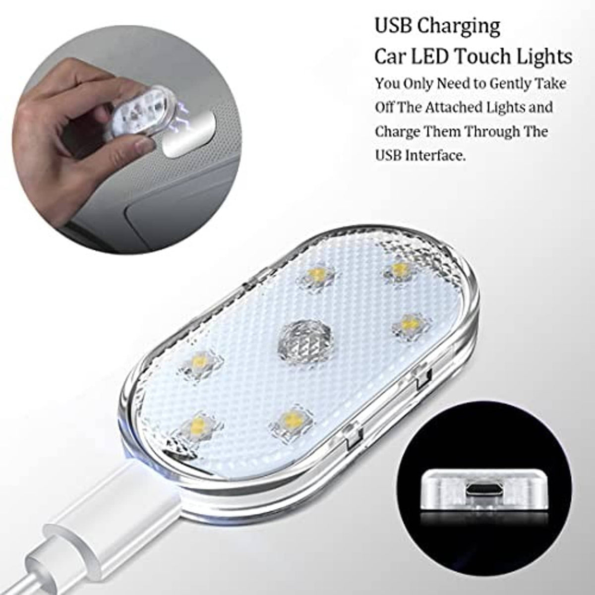 Two oval car LED touch lights with USB charging cable and small built-in lamp detail
