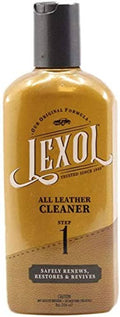 Lexol all-leather cleaner bottle, amber liquid, black cap, Step 1