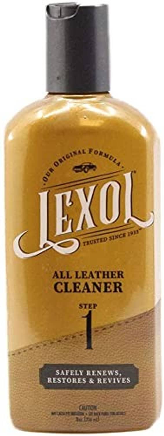 Lexol all-leather cleaner bottle, amber liquid, black cap, Step 1