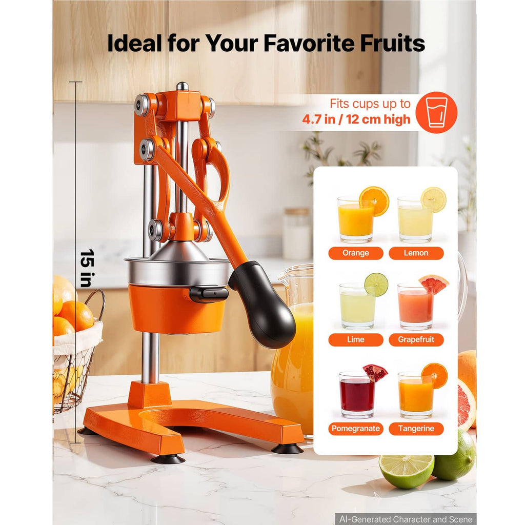 Orange manual citrus press with stainless juice cup and black lever handle