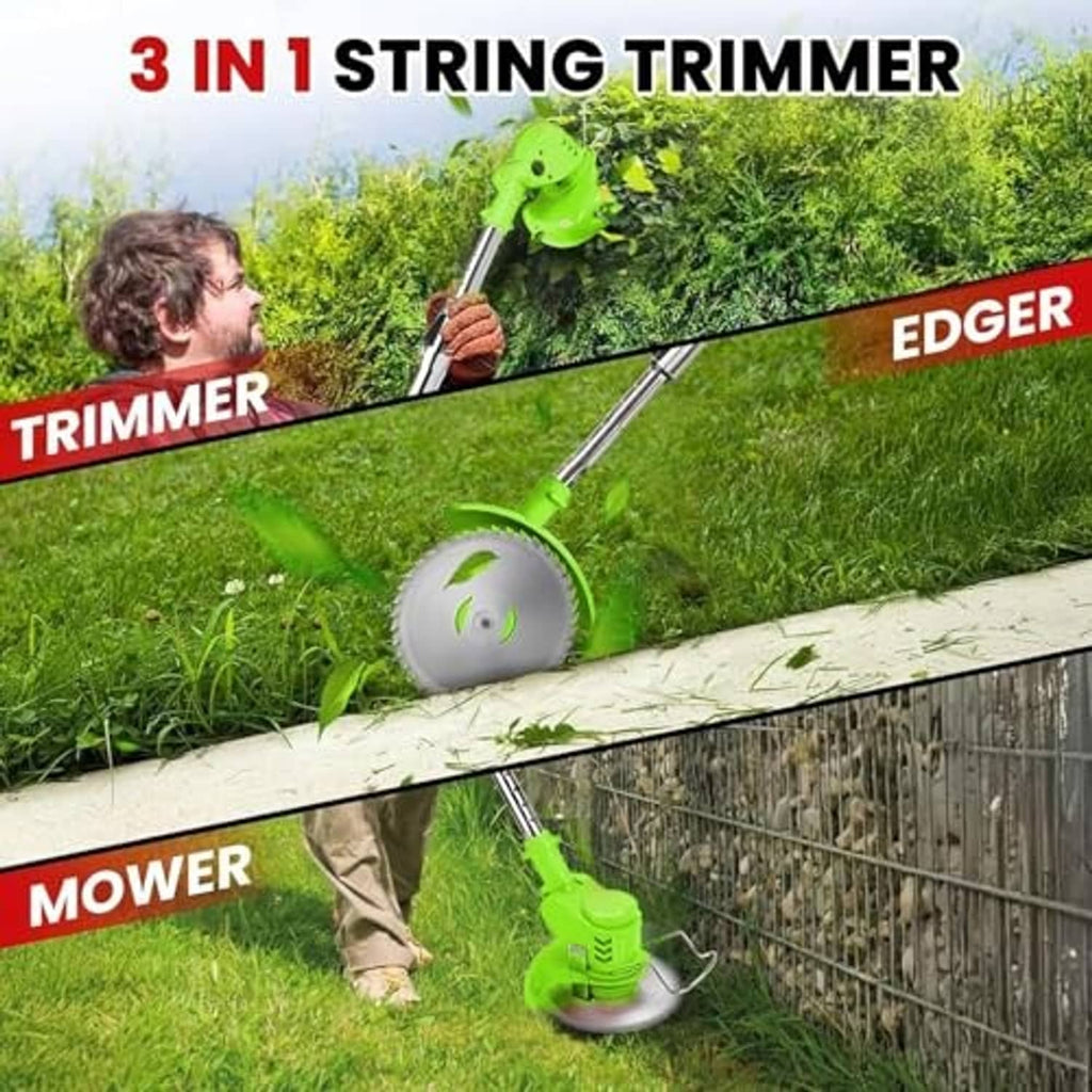 Green cordless grass trimmer with circular cutting head, edging guard, and wheel
