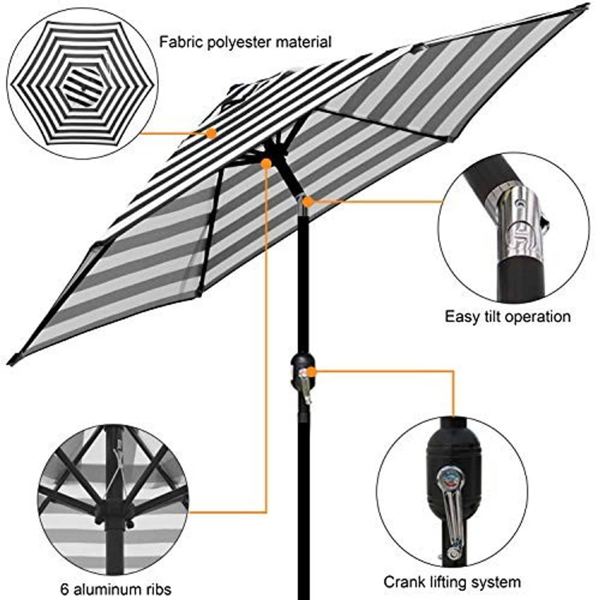 Black-and-white striped patio umbrella diagram showing crank lift and easy tilt operation