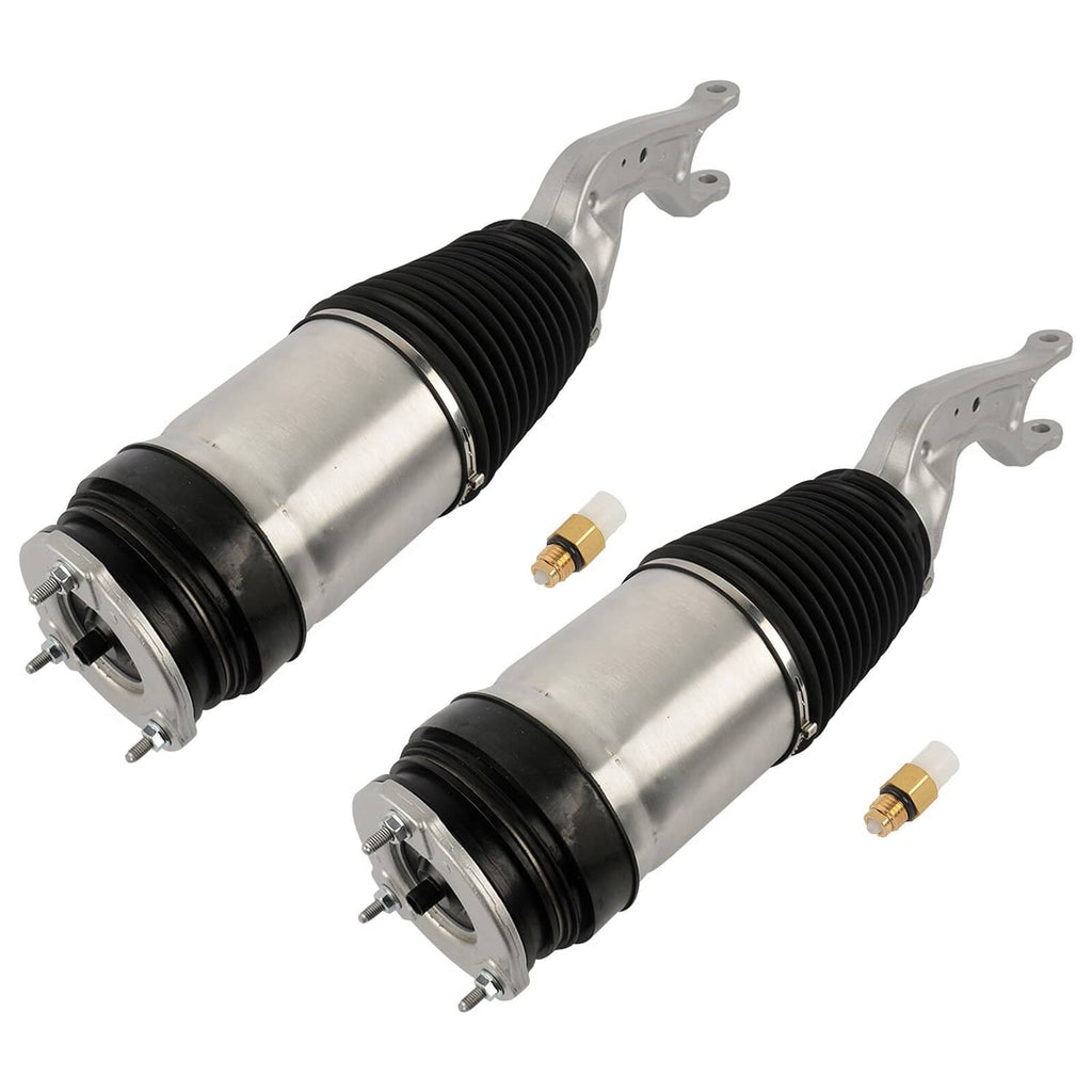 Pair of air strut shocks with black ribbed bellows, silver mounts and gold fittings