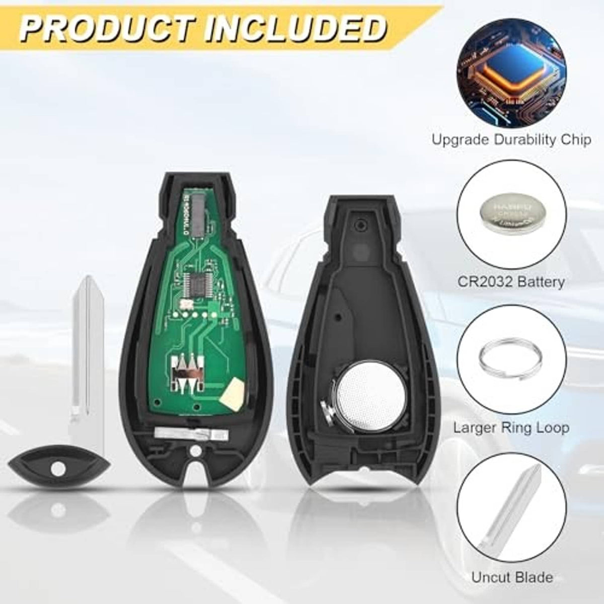 Key fob replacement kit with black shell, circuit board, CR2032 battery, ring loop, blade