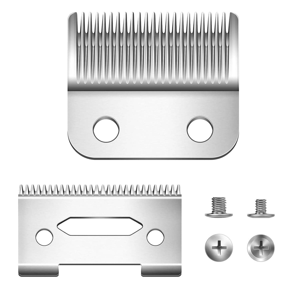 Silver clipper replacement blades shown front view with teeth and included mounting screws