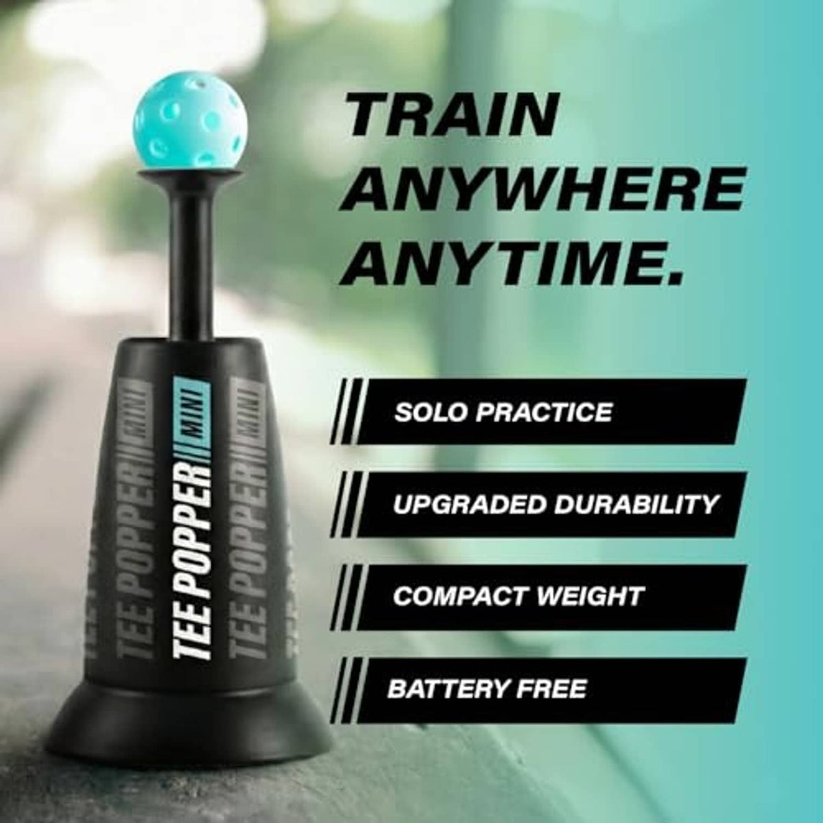 Black mini tee popper training device topped with a teal popper ball