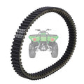 Black drive belt with ridged teeth and textured side edges, looped in a circle shape.