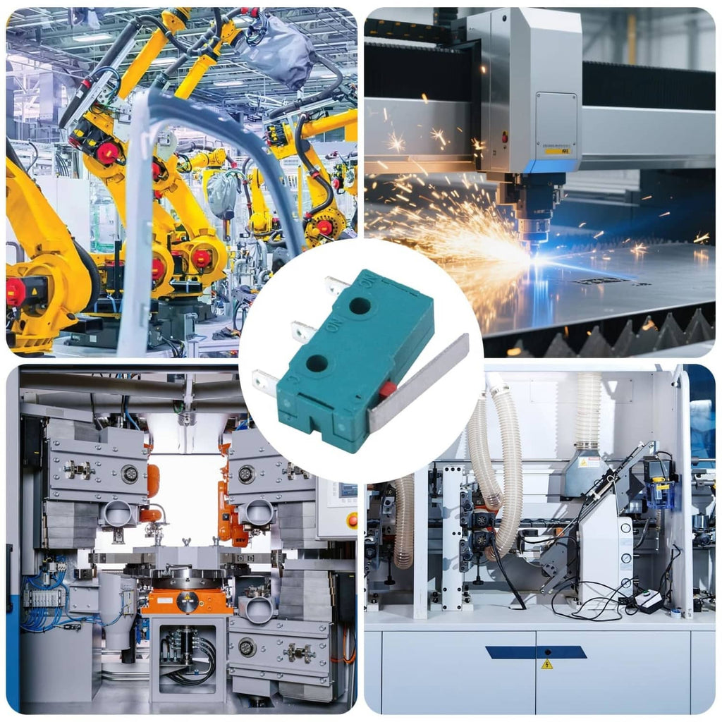 Teal micro limit switch with hinge lever and two mounting holes, product close-up