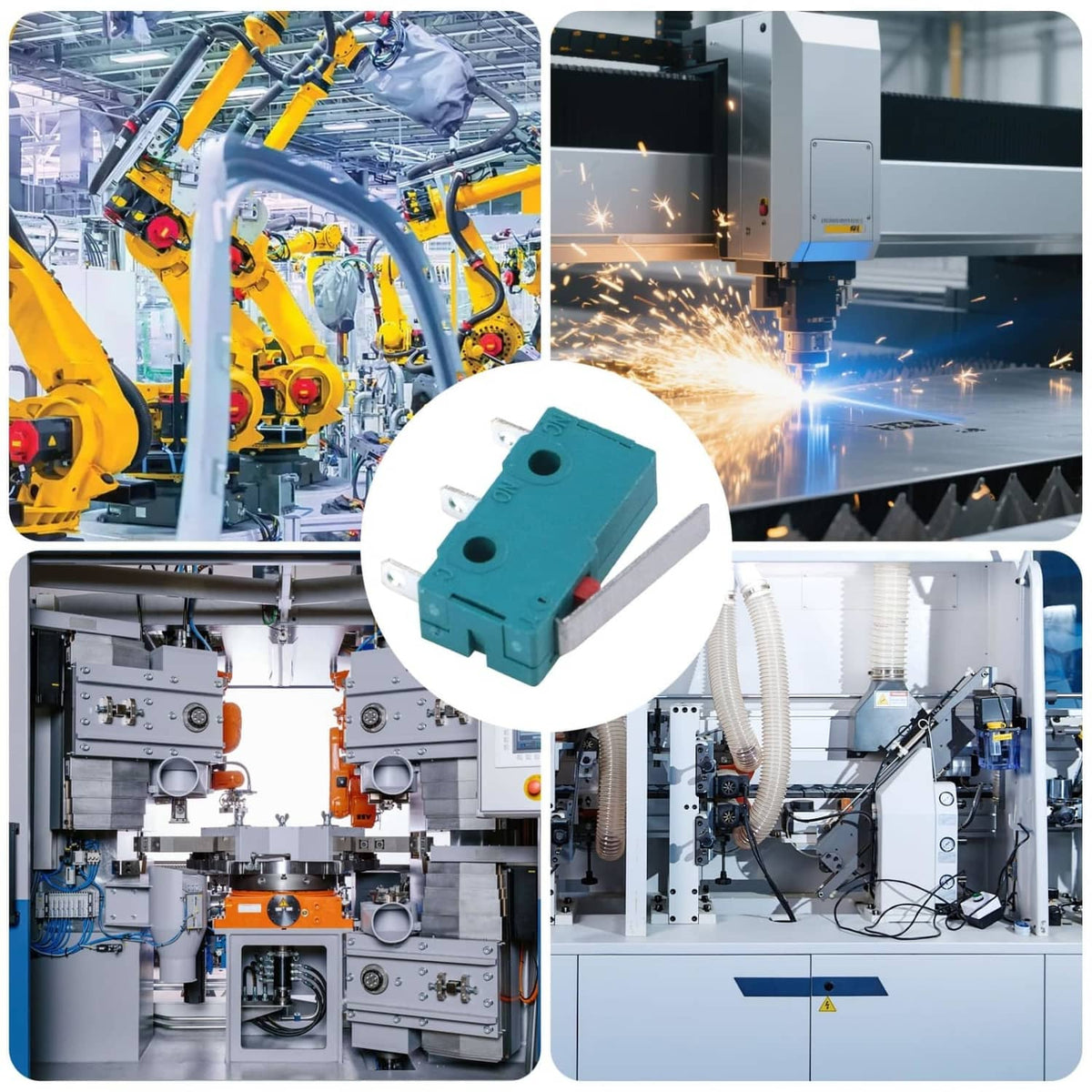 Teal micro limit switch with hinge lever and two mounting holes, product close-up
