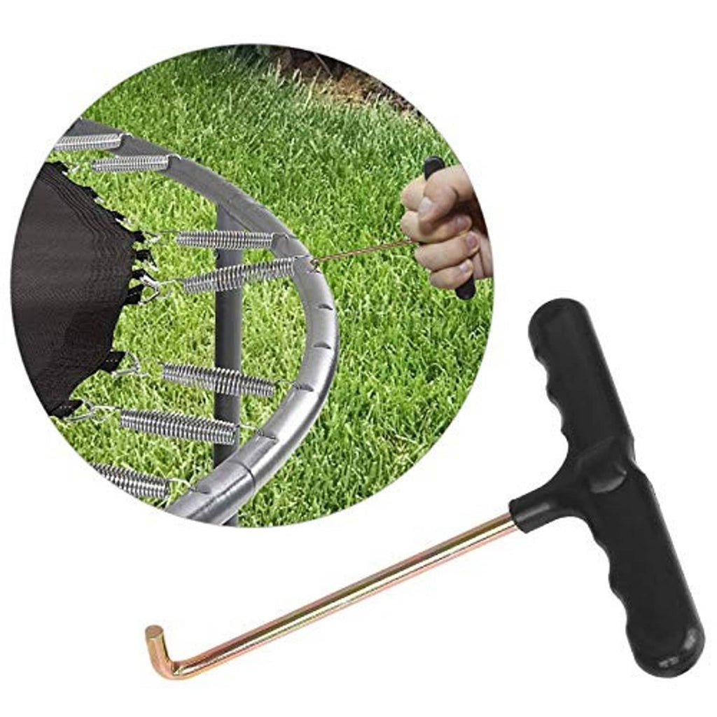 Trampoline spring hook being attached using black pull tool near the frame