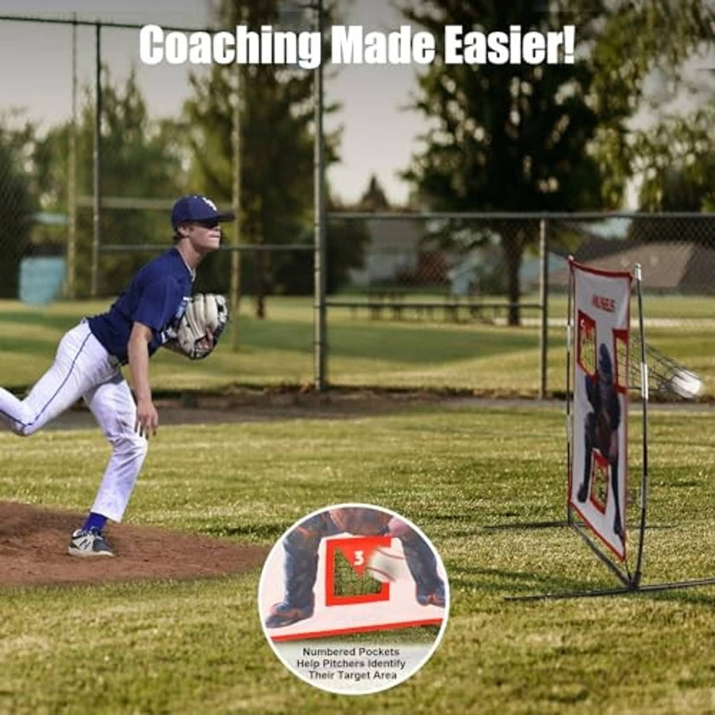 Baseball pitching target net with three red pocket zones and catcher for training