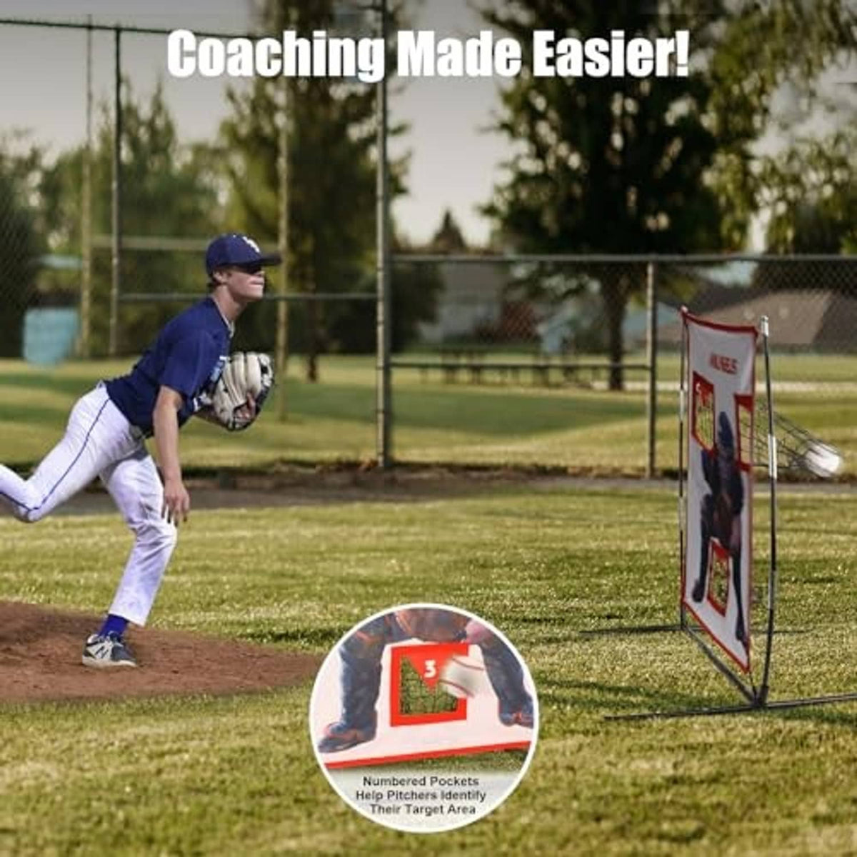 Baseball pitching target net with three red pocket zones and catcher for training