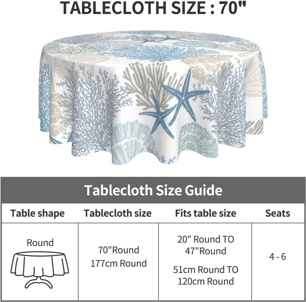 Round tablecloth with nautical starfish and coral reef motif in blue and beige