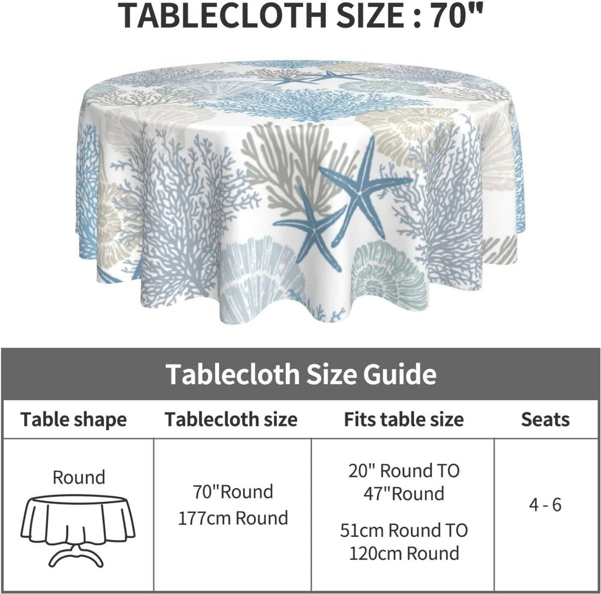 Round tablecloth with nautical starfish and coral reef motif in blue and beige