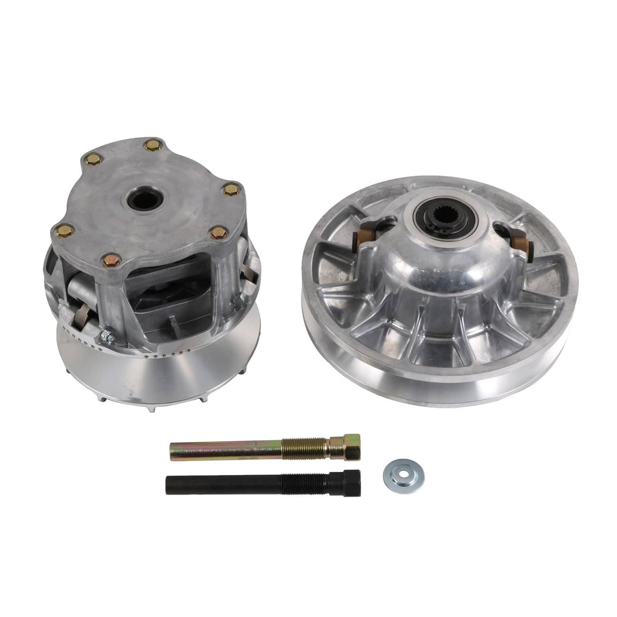 Silver clutch housing with central hub opening and mounting plate screws
