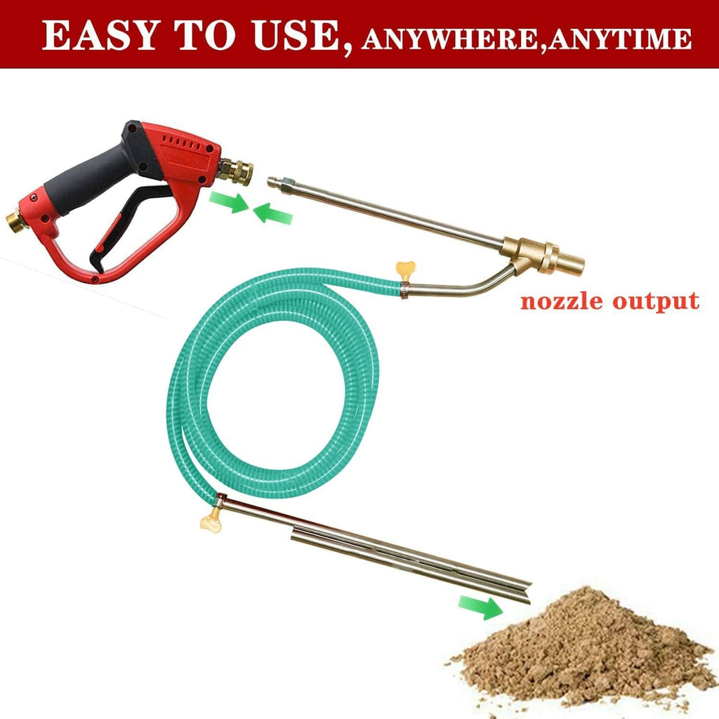 Sandblasting attachment kit with brass nozzle output, green hose, and spray gun connection