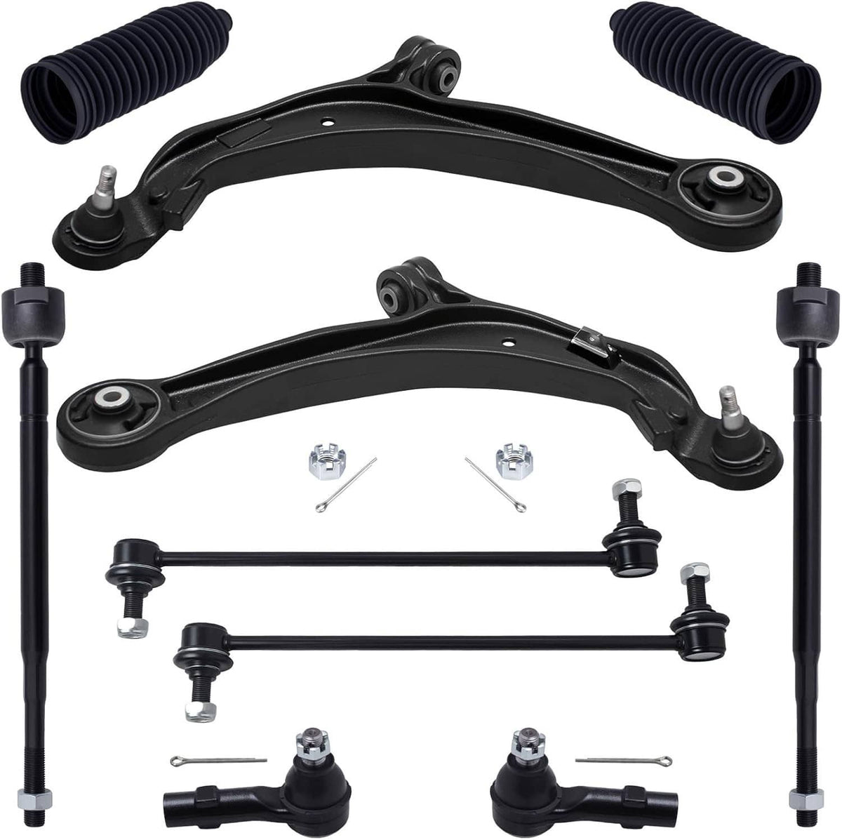 Complete front suspension kit with two control arms, tie rods, and mounting hardware