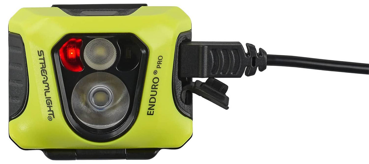 Yellow headlamp with Streamlight Enduro Pro body, dual lenses, USB charging cable