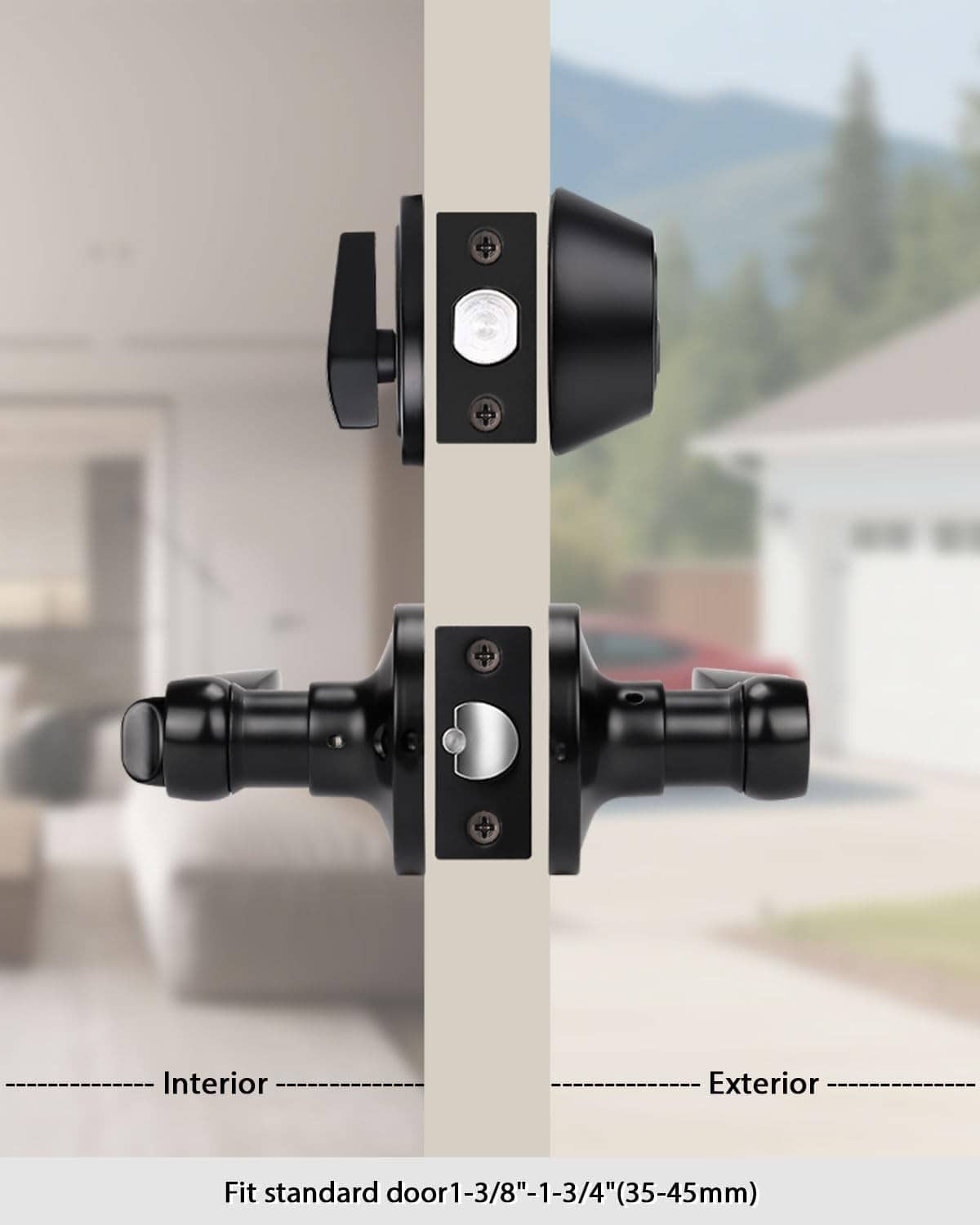 Matte black single-cylinder exterior door lever lockset with mounting plate and screws