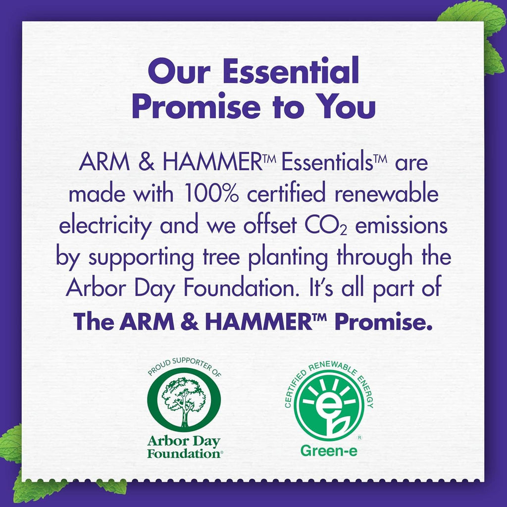 ARM & HAMMER Essentials promise graphic with renewable electricity and CO2 offset