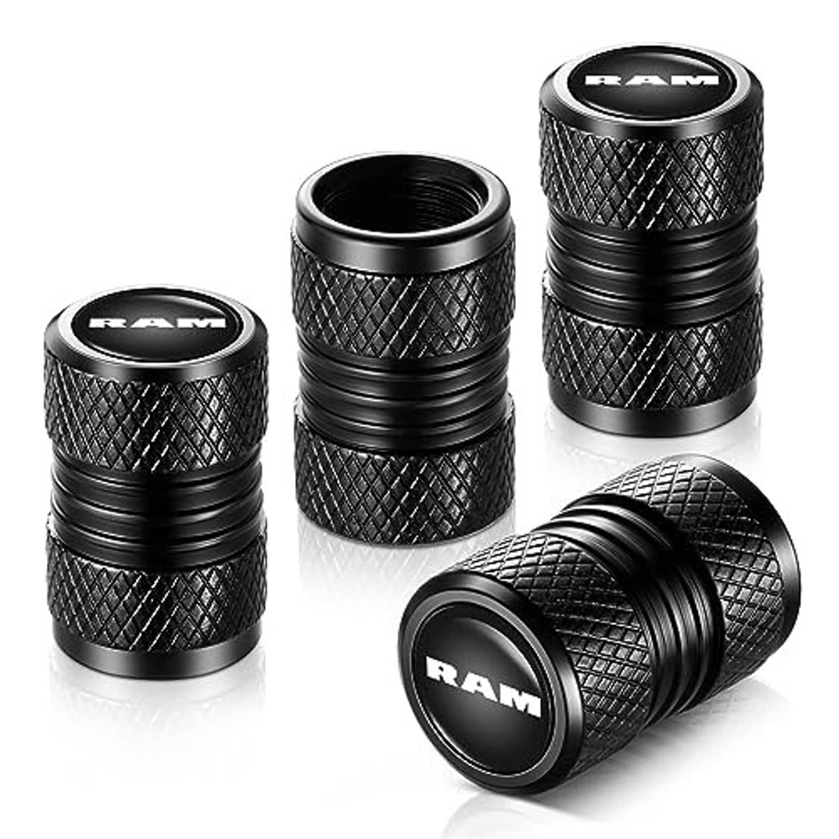 Black RAM valve stem caps set of four, knurled grip with visible threaded opening