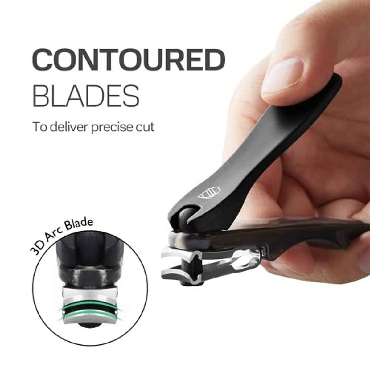 Contoured nail clipper with curved blades, black handle held in hand