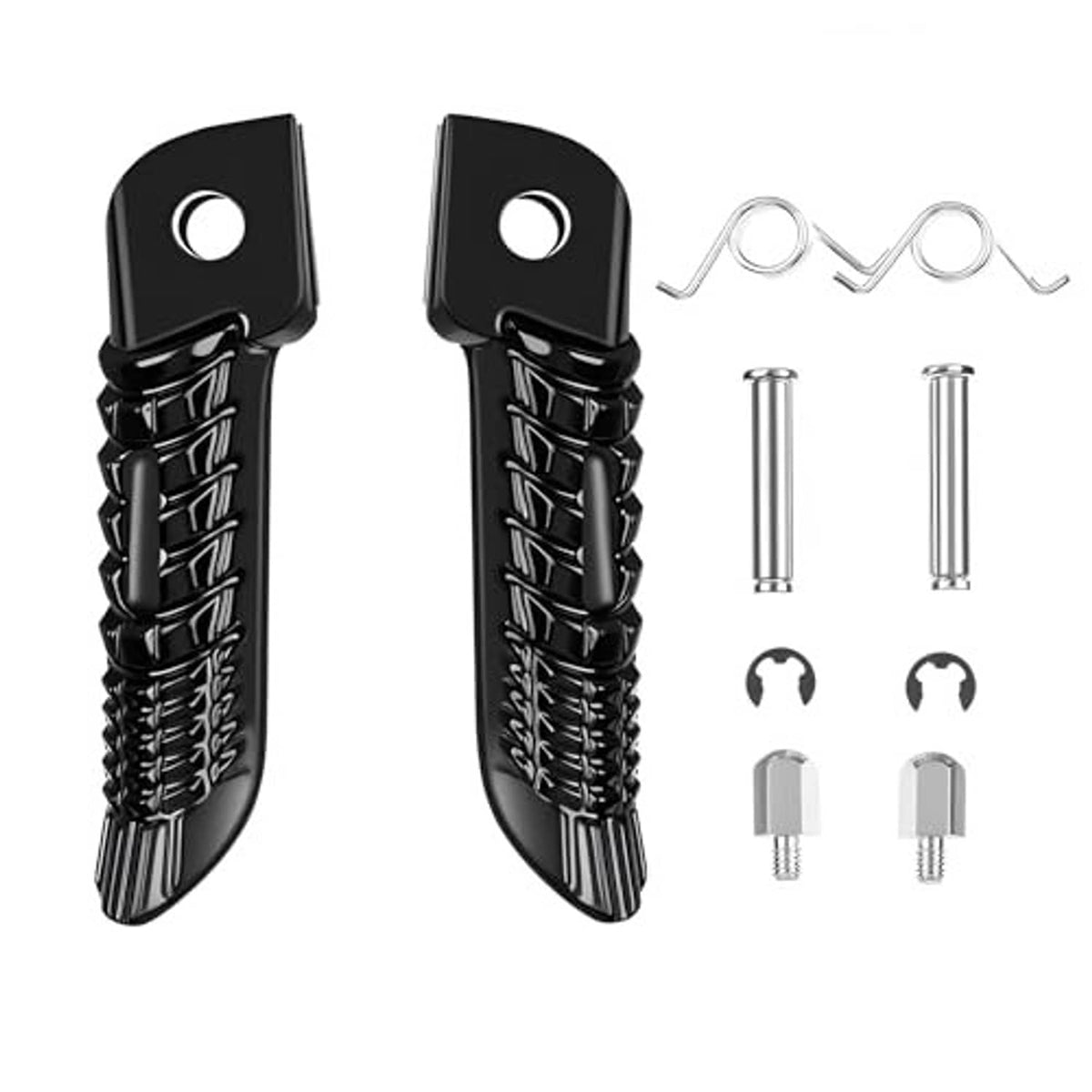 Black front foot pegs with brackets, springs, and mounting hardware.