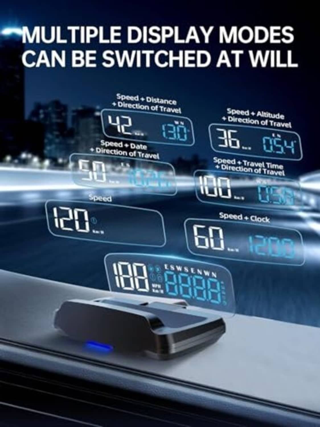 Car head-up display showing multiple digital modes for speed, clock, and travel data